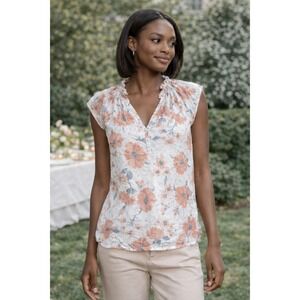Rebecca Taylor Amelie Floral V Neck Sleeveless Blouse Top XS Silk Blend